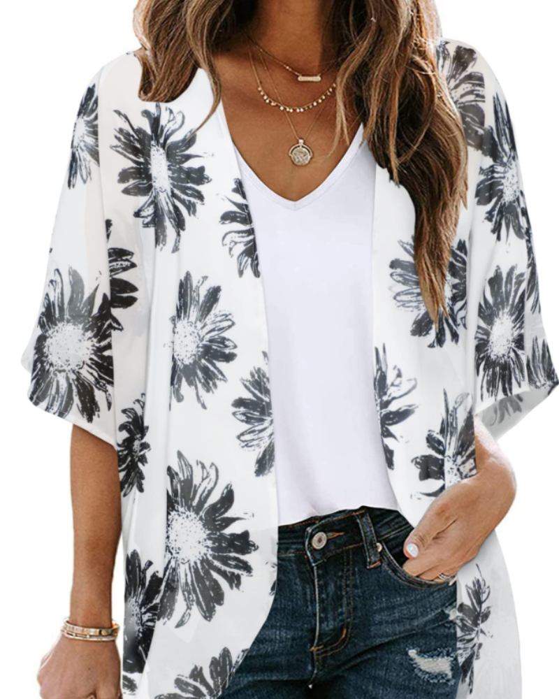 Valeria Kimono Mujer – Cárdigan Chifón Floral, Frente Abierto y Manga 3/4