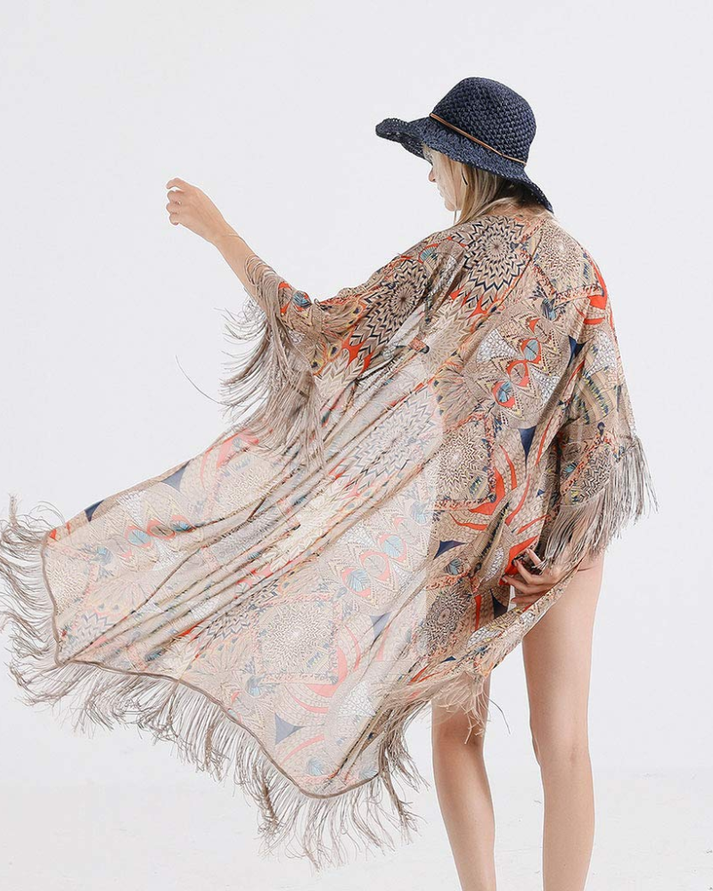 Sophia Kimono Mujer – Kimono Boho de Chifón Transparente con Flecos y Estampado Floral