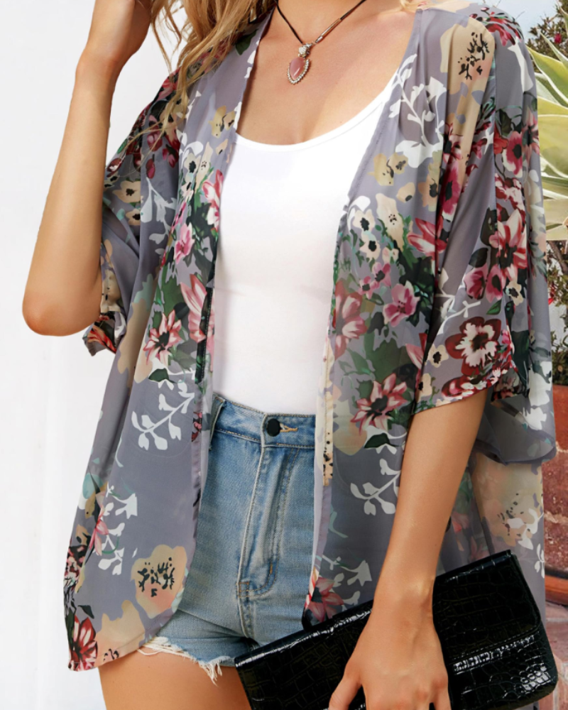 Valeria Kimono Mujer – Cárdigan Chifón Floral, Frente Abierto y Manga 3/4
