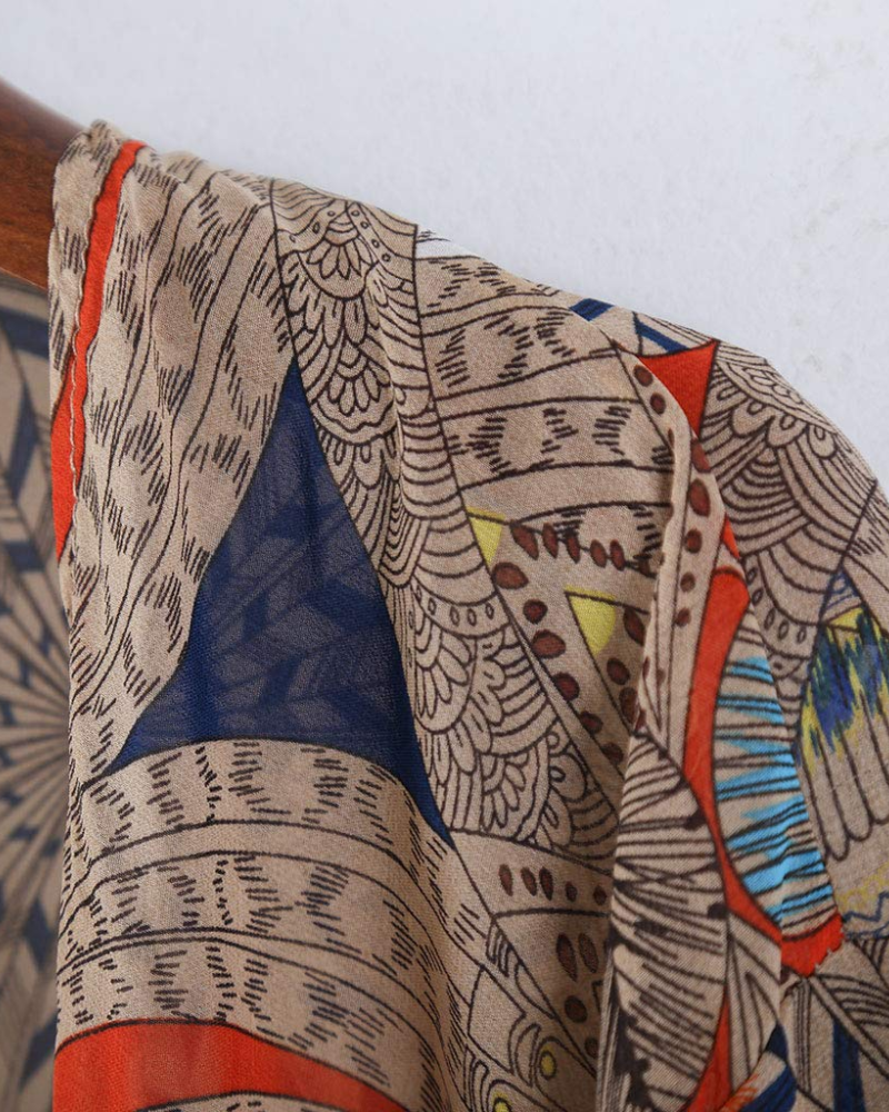Sophia Kimono Mujer – Kimono Boho de Chifón Transparente con Flecos y Estampado Floral