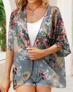 Valeria Kimono Mujer – Cárdigan Chifón Floral, Frente Abierto y Manga 3/4
