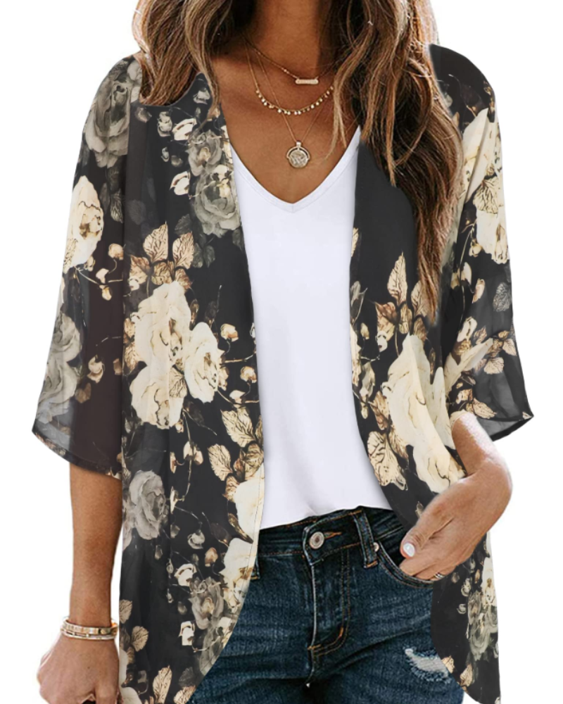 Valeria Kimono Mujer – Cárdigan Chifón Floral, Frente Abierto y Manga 3/4