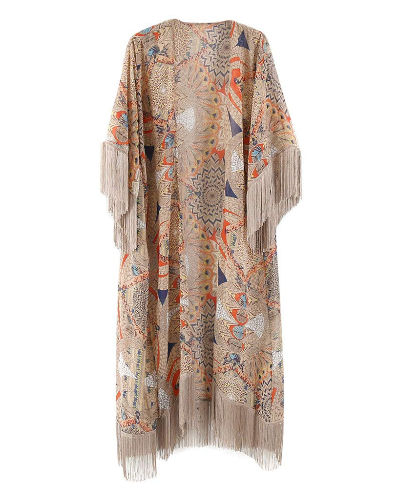 Sophia Kimono Mujer – Kimono Boho de Chifón Transparente con Flecos y Estampado Floral