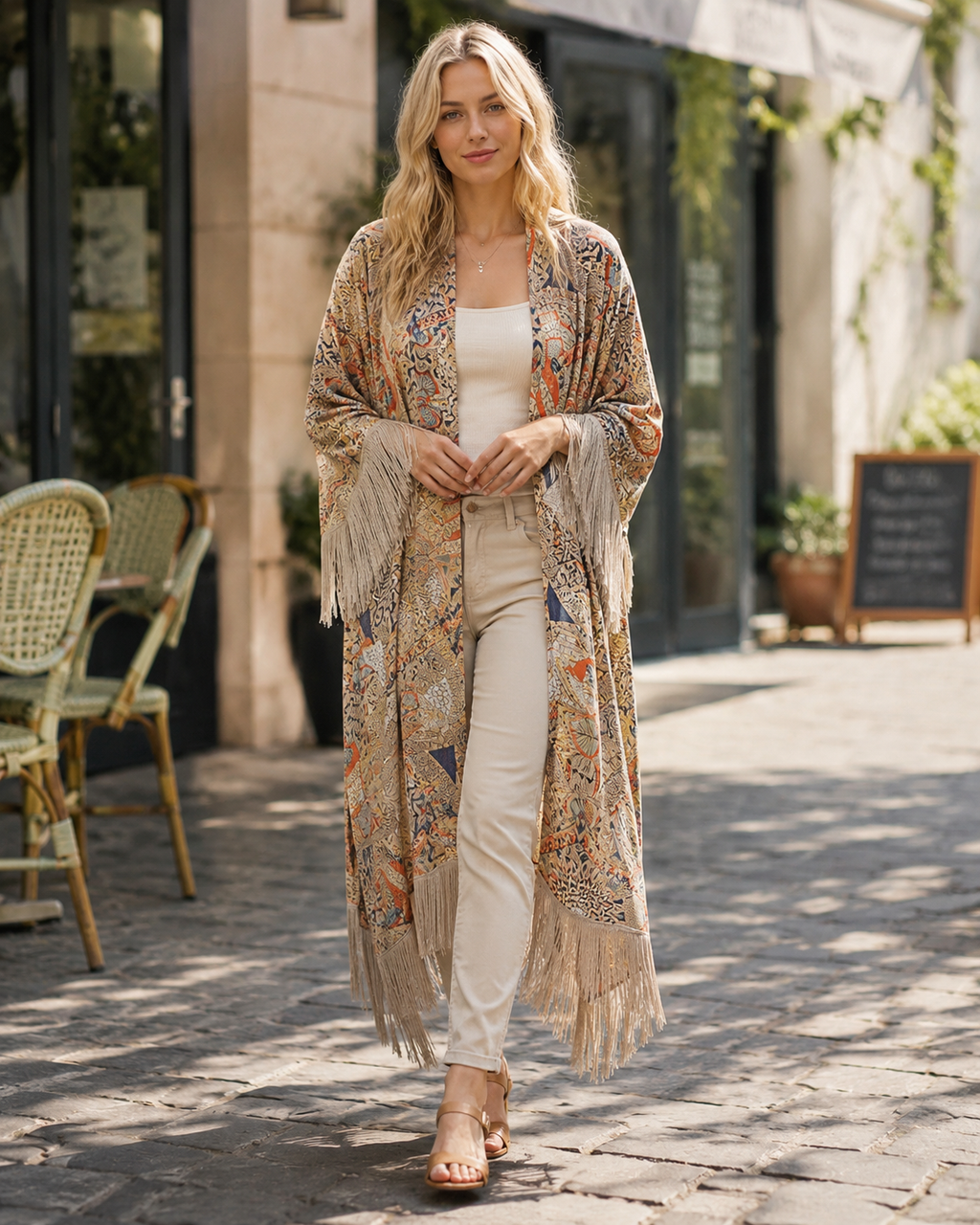 Sophia Kimono Mujer – Kimono Boho de Chifón Transparente con Flecos y Estampado Floral