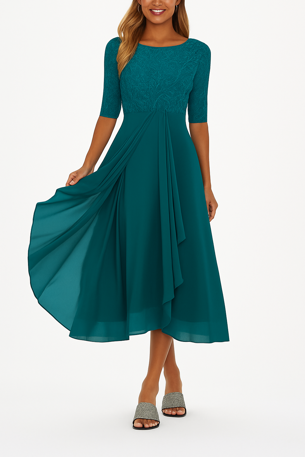 Vera Vestido Elegante para Mujer – Vestido de Encaje y Chifón Línea A Chic