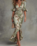 Delilah Vestido de Satén Floral Mujer – Escote en V, Cintura Fruncida y Volantes