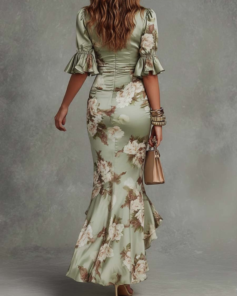 Delilah Vestido de Satén Floral Mujer – Escote en V, Cintura Fruncida y Volantes