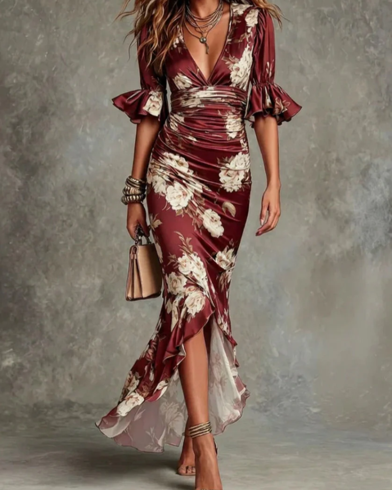 Delilah Vestido de Satén Floral Mujer – Escote en V, Cintura Fruncida y Volantes