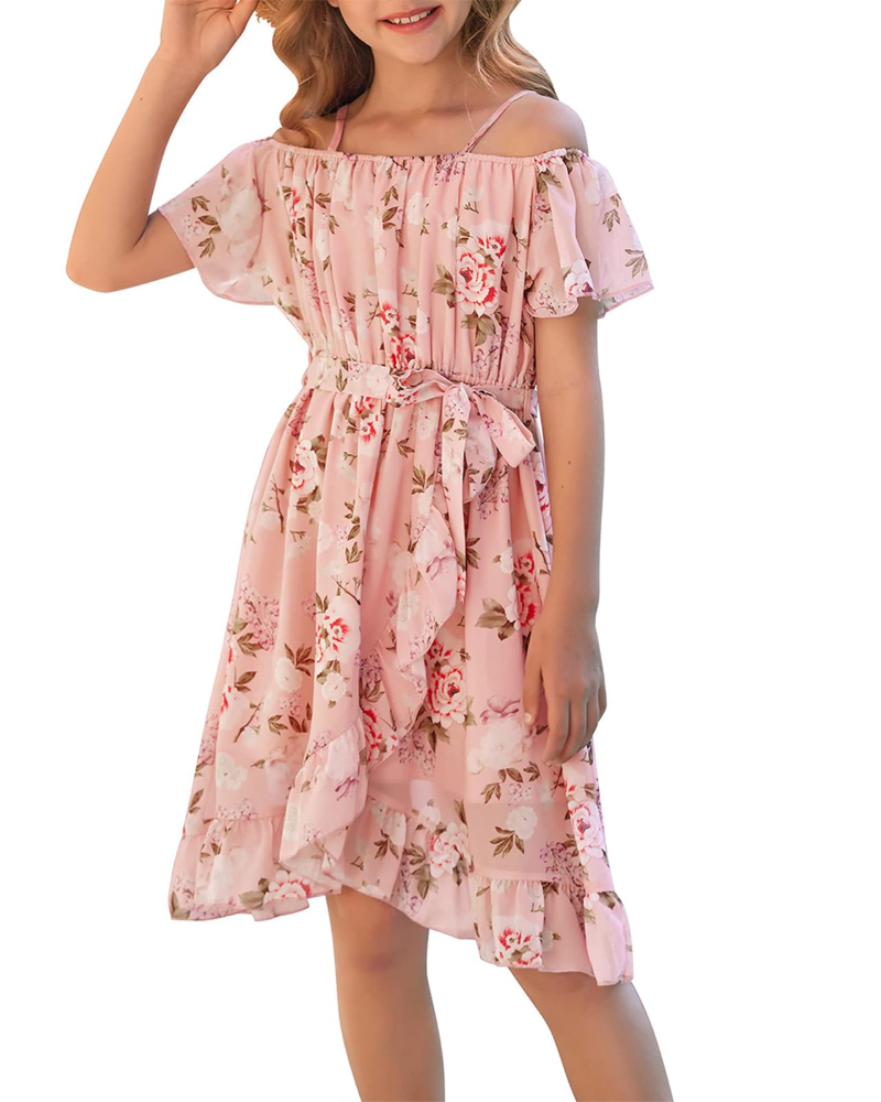 Maisie Vestido Niña Chifón Floral – Tirantes Ajustables, Cinturón y Largo Rodilla