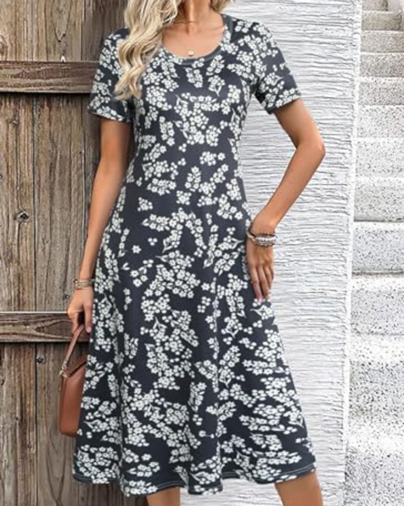 Nina Vestido Midi Mujer – Floral, Manga Corta, Cuello Redondo y Corte Holgado