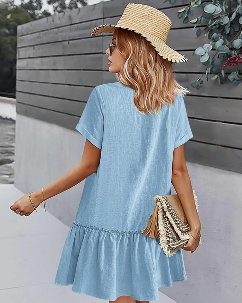 Daisy Vestido de Lino Mujer – Vestido de Verano Ligero con Cuello V y Botones de Madera