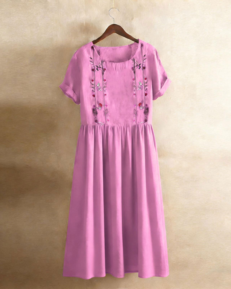 Nadine Vestido Midi Mujer – Algodón Lino, Bordado Floral, Línea A y Bolsillos