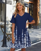 Clara Vestido Mujer – Corte Línea A, Escote en V, Manga Volante y Bolsillos
