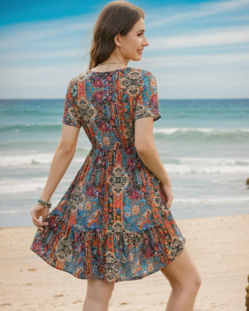 Ayla Vestido Midi Mujer – Boho, Viscosa 100%, Escote en V y Cordón con Borlas