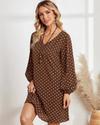 Mila Vestido Mini Mujer – Lunares, Escote en V, Manga Larga y Tejido Suave
