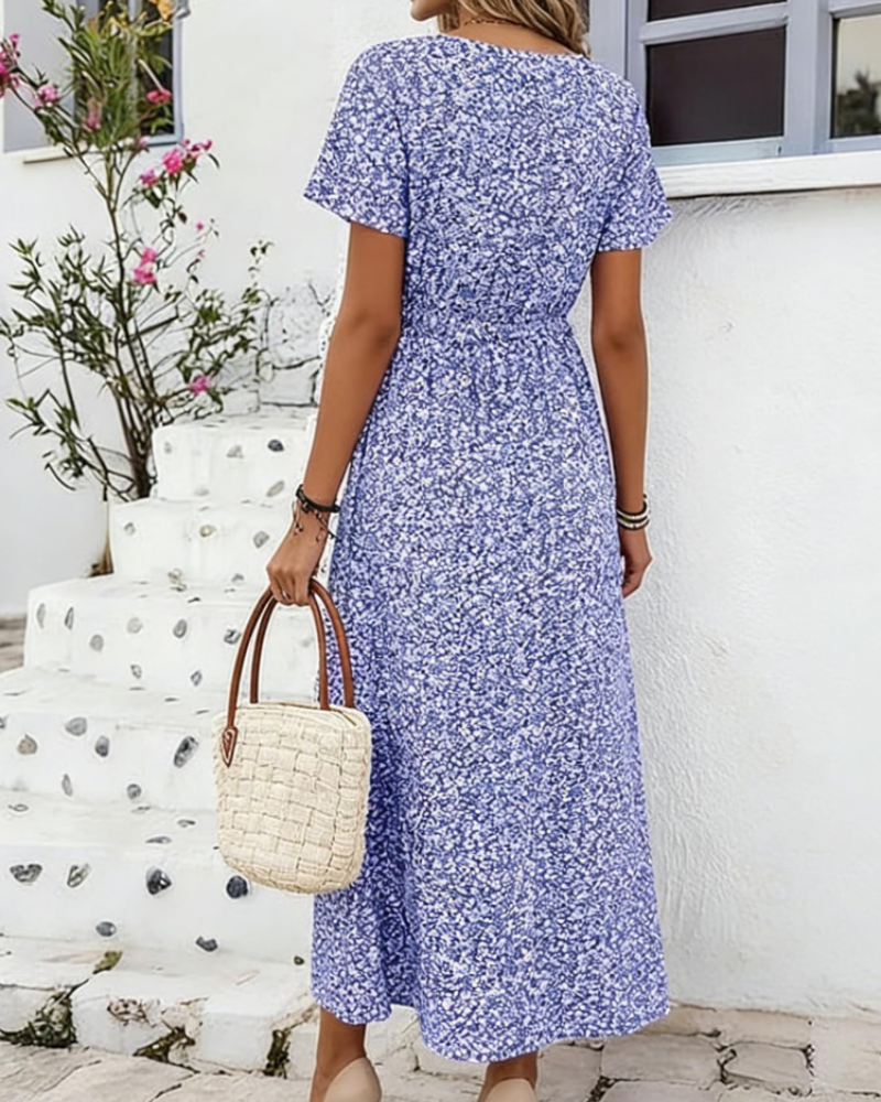 Molly Vestido Maxi Mujer – Escote en V, Manga Corta y Tejido Elástico Ligero