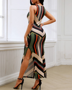 Brooke Vestido Maxi Mujer – Estampado de Rayas, Sin Mangas, Abertura Lateral y Corte Elegante