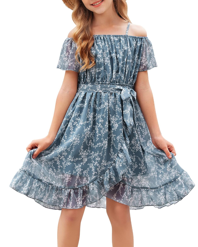 Robe Maisie pour fille en chiffon floral – bretelles ajustables, ceinture et longueur genou