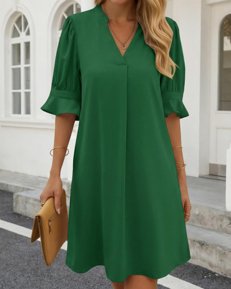 Claire Vestido Midi Mujer – V-Cuello con Mangas de Volantes y Corte Suelto