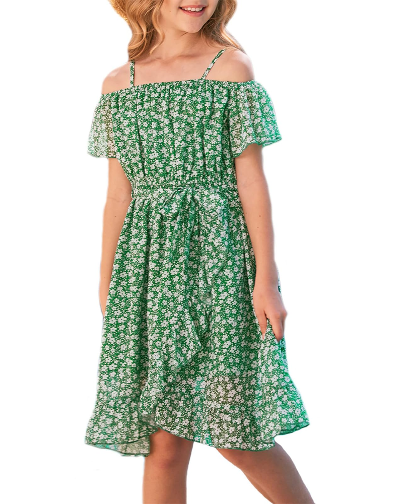 Robe Maisie pour fille en chiffon floral – bretelles ajustables, ceinture et longueur genou