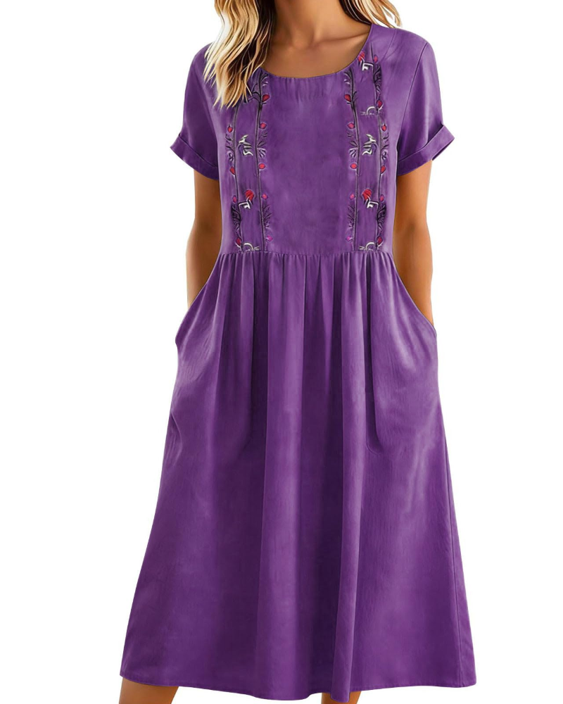 Nadine Vestido Midi Mujer – Algodón Lino, Bordado Floral, Línea A y Bolsillos