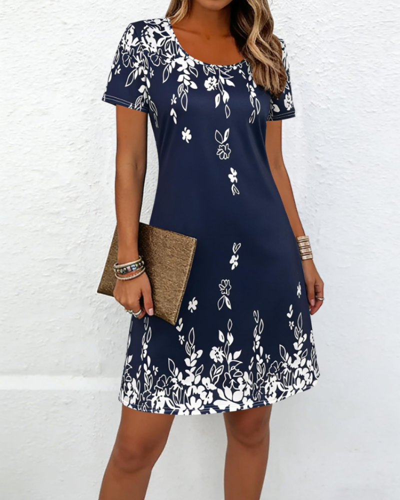 Adeline Vestido Midi Mujer – Manga Corta, Estampado, Cuello Redondo y Corte Cómodo