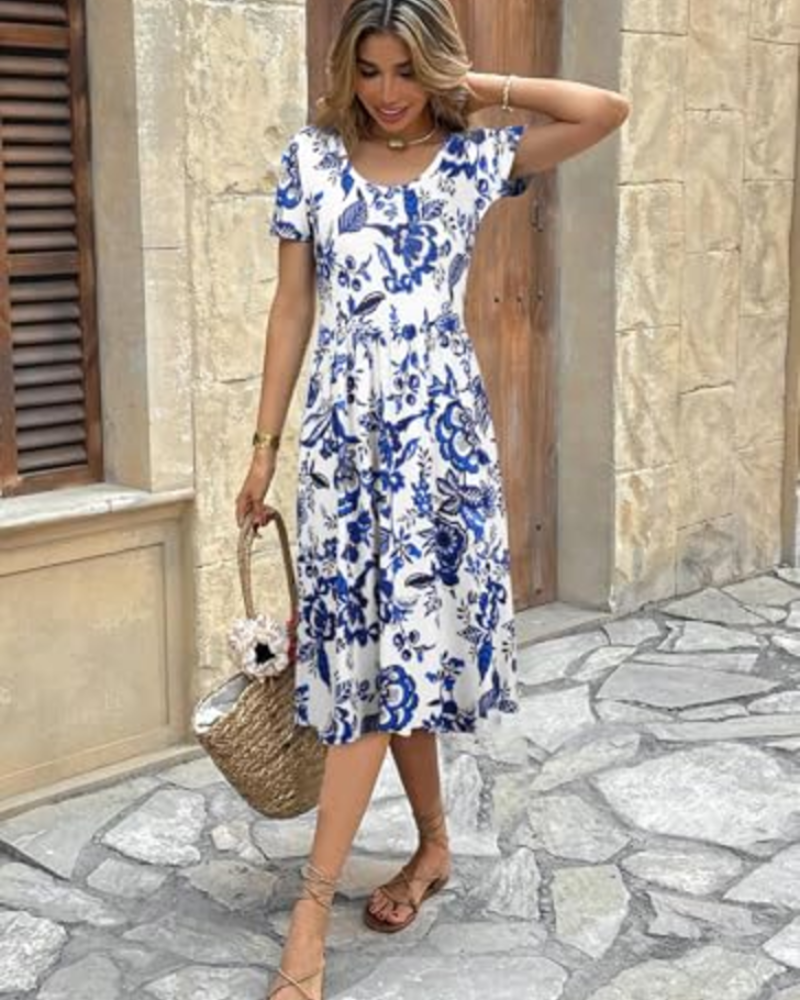 Elise Vestido Verano Mujer – Manga Corta, Cuello Redondo, Pliegues y Bolsillos