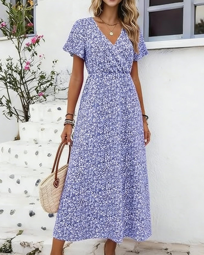 Molly Vestido Maxi Mujer – Escote en V, Manga Corta y Tejido Elástico Ligero