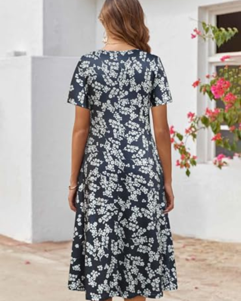 Nina Vestido Midi Mujer – Floral, Manga Corta, Cuello Redondo y Corte Holgado