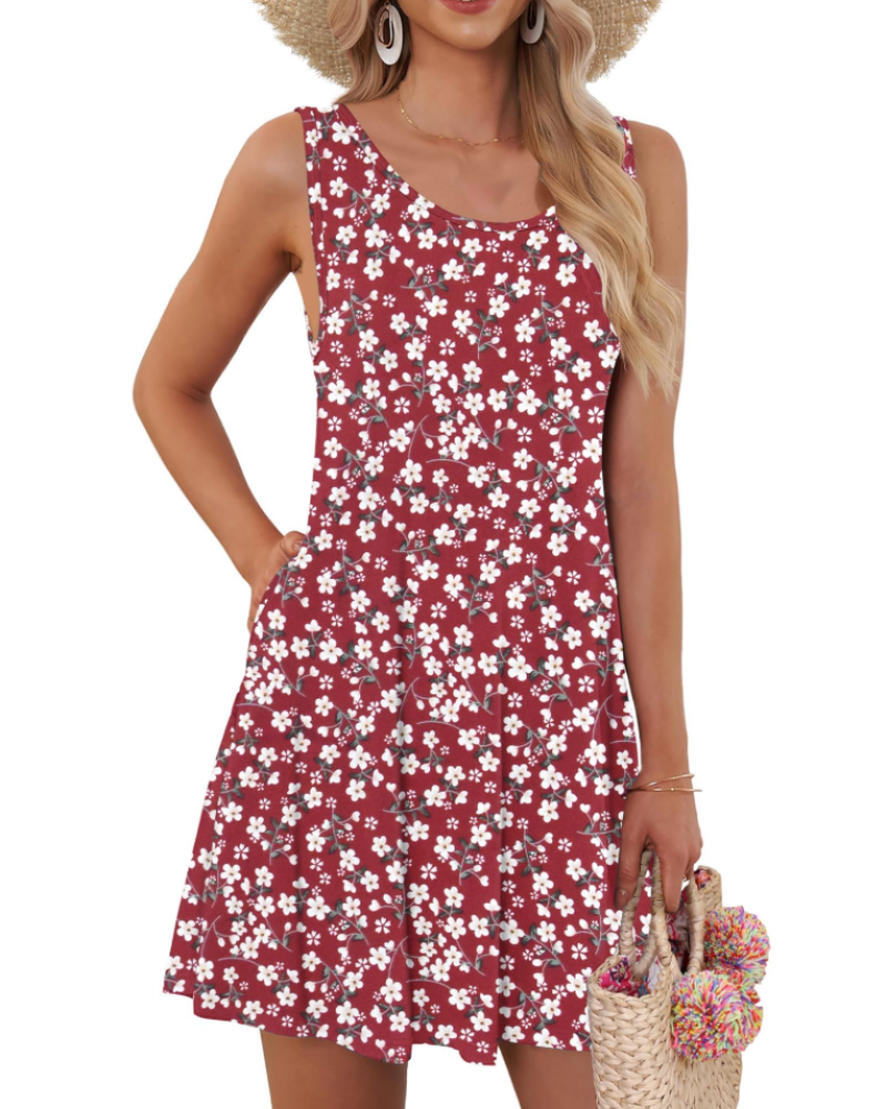 Dahlia Vestido Mujer – Floral Sin Mangas, Corte Swing y Bolsillos Laterales