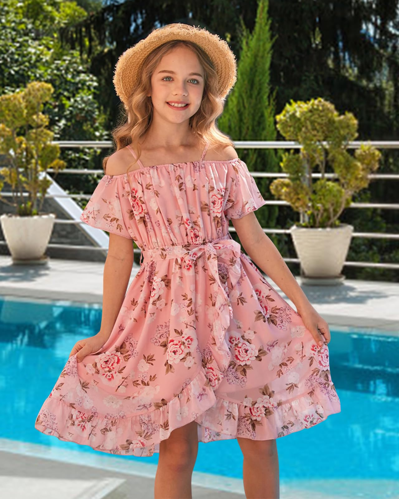 Maisie Vestido Niña Chifón Floral – Tirantes Ajustables, Cinturón y Largo Rodilla