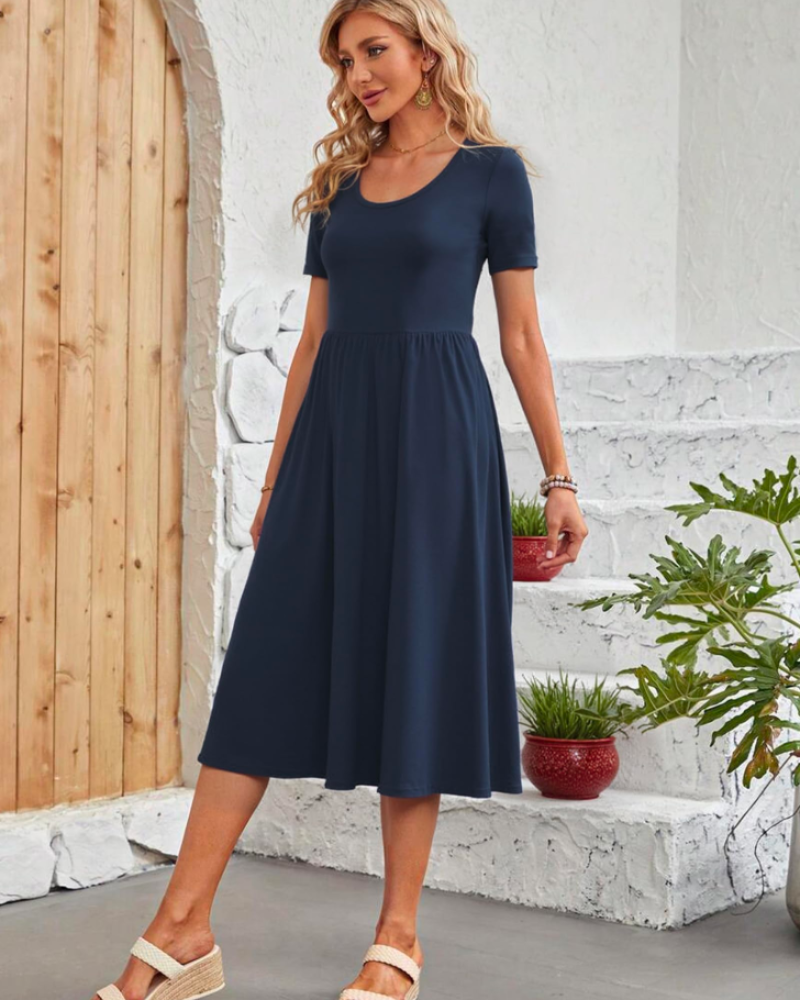 Elise Vestido Verano Mujer – Manga Corta, Cuello Redondo, Pliegues y Bolsillos
