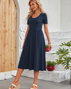 Elise Vestido Verano Mujer – Manga Corta, Cuello Redondo, Pliegues y Bolsillos