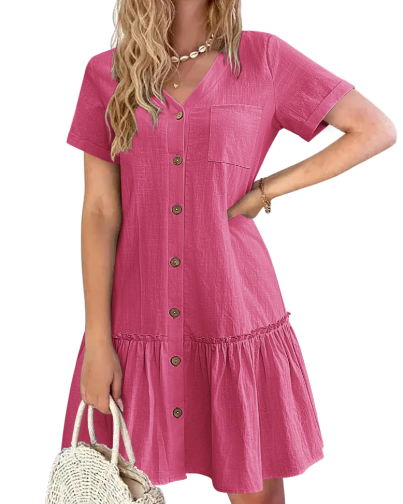 Daisy Vestido de Lino Mujer – Vestido de Verano Ligero con Cuello V y Botones de Madera