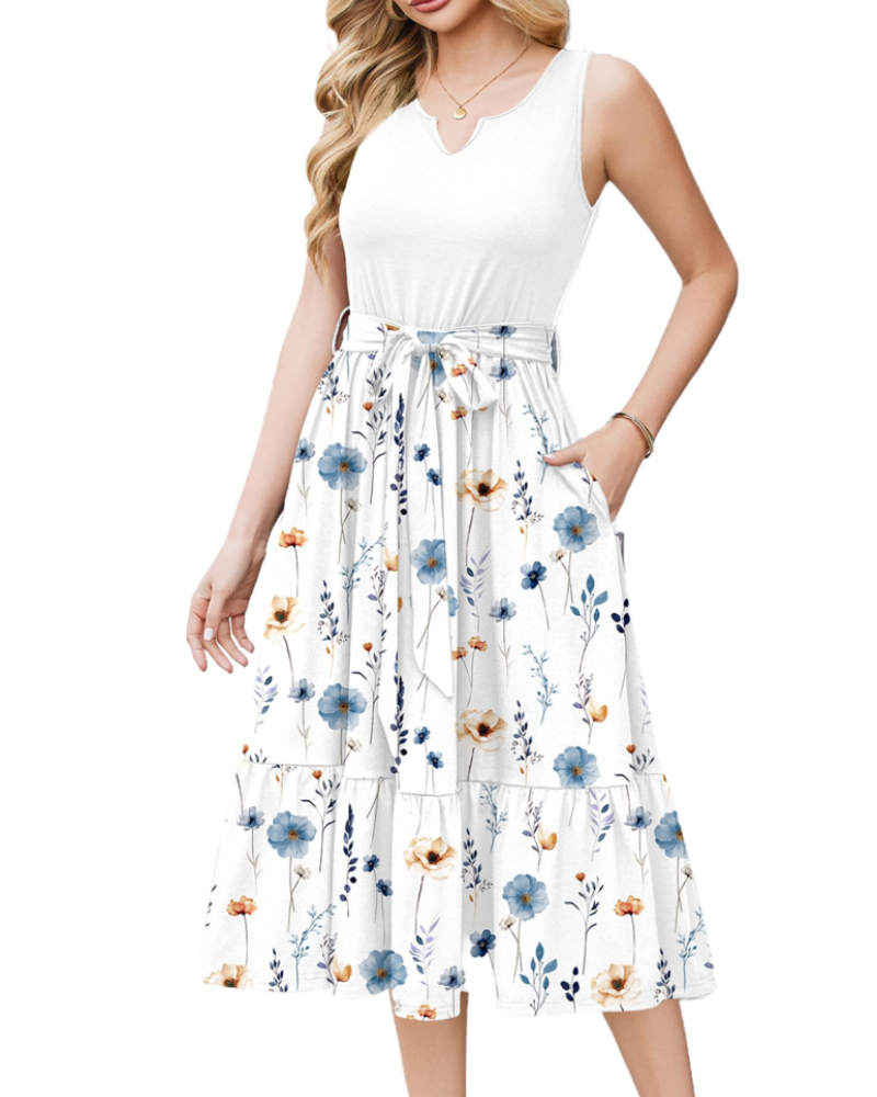 Lydia Vestido Midi Mujer – Sin Mangas, Escote en V, Cinturón y Bolsillos