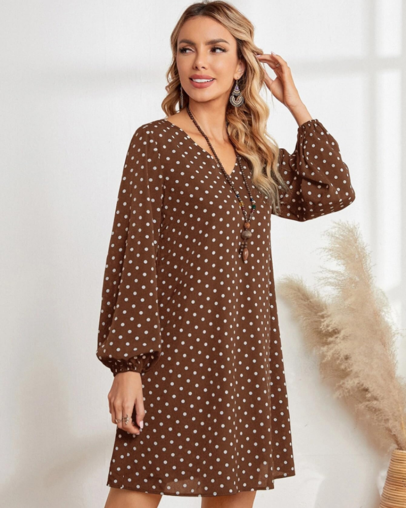 Mila Vestido Mini Mujer – Lunares, Escote en V, Manga Larga y Tejido Suave