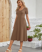 Elise Vestido Verano Mujer – Manga Corta, Cuello Redondo, Pliegues y Bolsillos