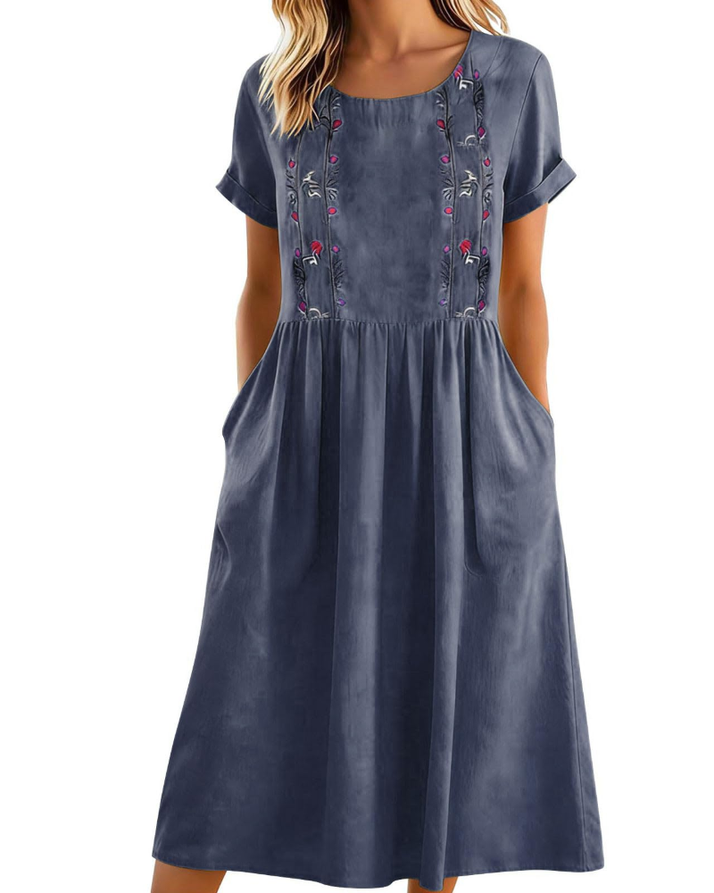 Nadine Vestido Midi Mujer – Algodón Lino, Bordado Floral, Línea A y Bolsillos