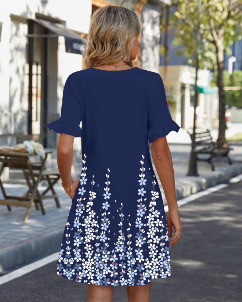 Clara Vestido Mujer – Corte Línea A, Escote en V, Manga Volante y Bolsillos