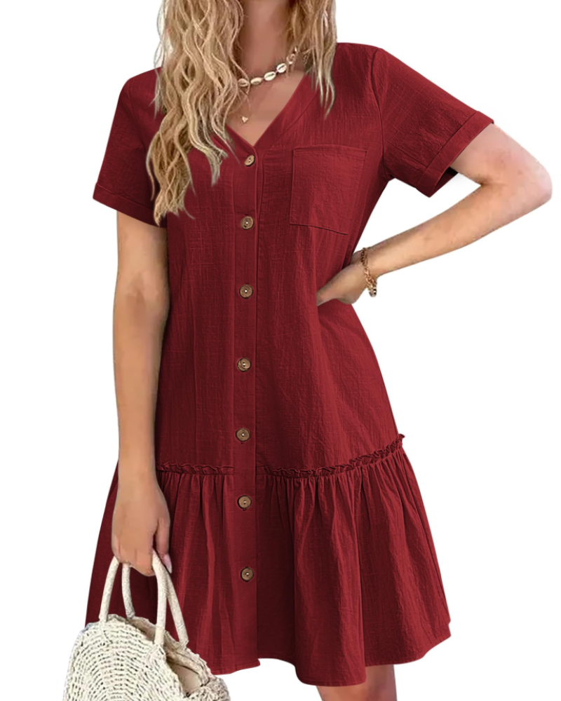 Daisy Vestido de Lino Mujer – Vestido de Verano Ligero con Cuello V y Botones de Madera
