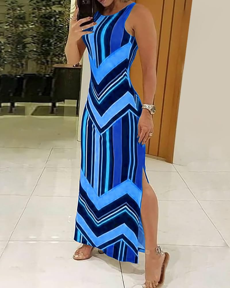 Brooke Vestido Maxi Mujer – Estampado de Rayas, Sin Mangas, Abertura Lateral y Corte Elegante