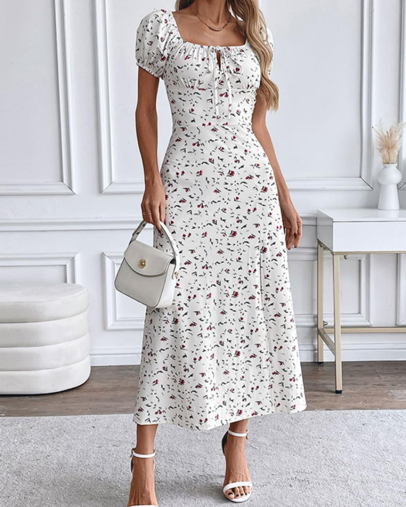 Rosalie Vestido Midi Mujer – Floral, Cuello Cuadrado, Manga Abullonada y Encaje