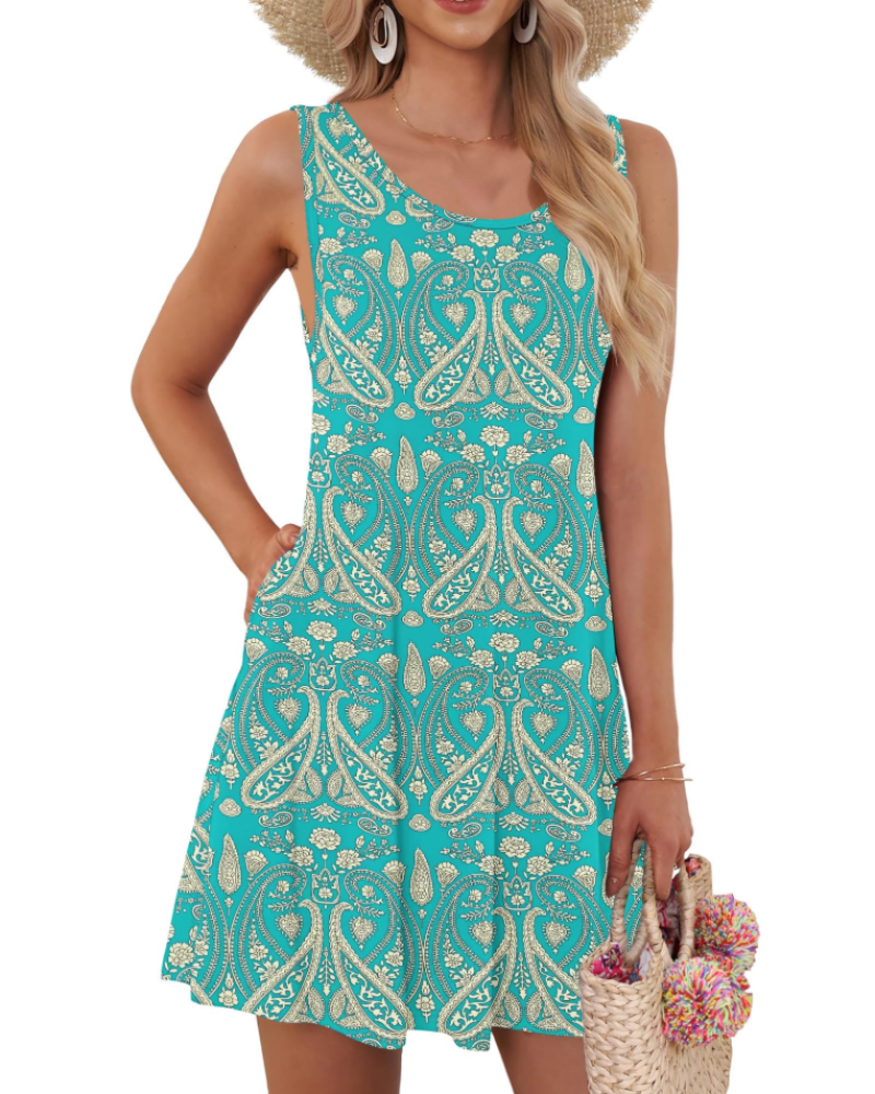Dahlia Vestido Mujer – Floral Sin Mangas, Corte Swing y Bolsillos Laterales