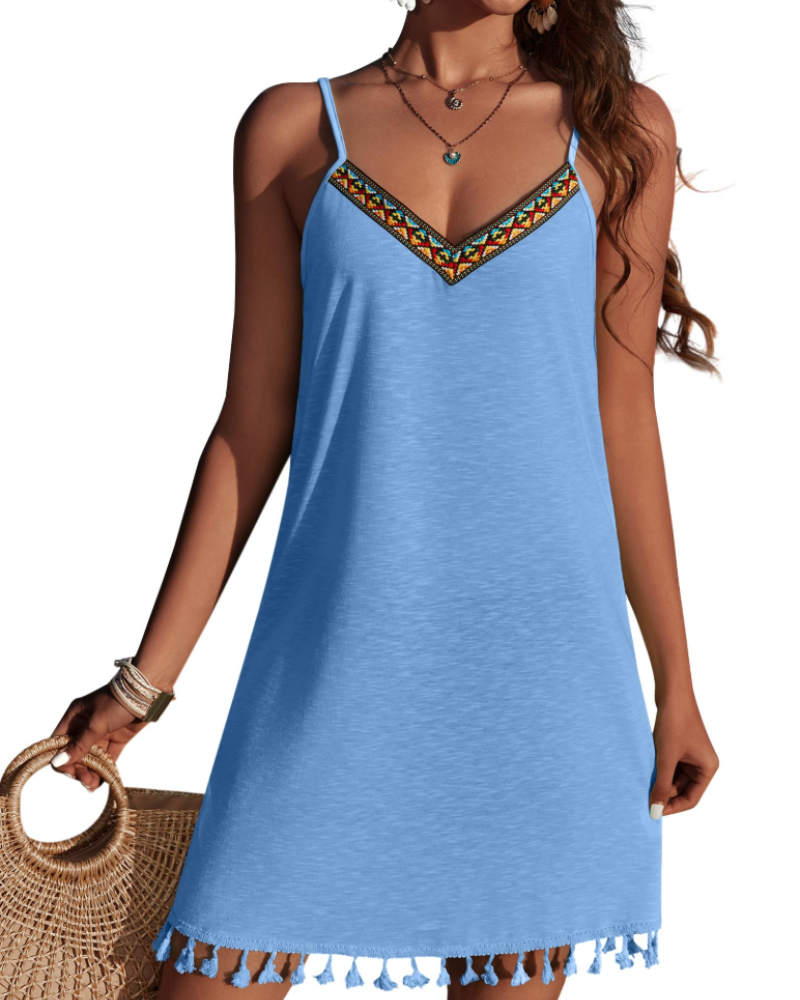 Madison Vestido Playa Mujer – Bordado Boho con V-Cuello y Tirantes Ajustables