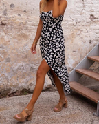 Marina Vestido Midi Mujer – Floral Margarita, Sin Tirantes, Fruncido y Abertura
