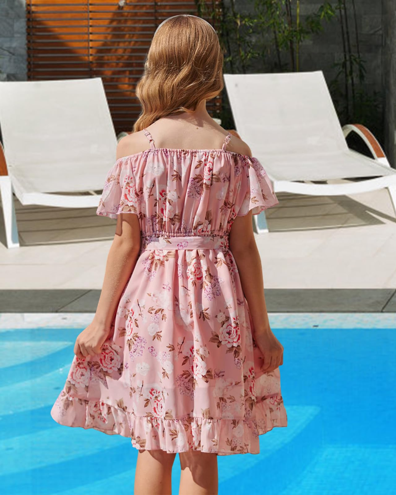 Maisie Vestido Niña Chifón Floral – Tirantes Ajustables, Cinturón y Largo Rodilla