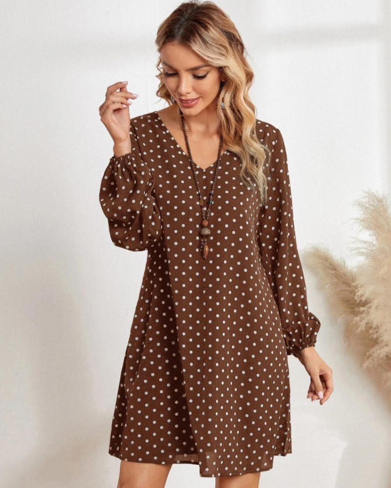 Mila Vestido Mini Mujer – Lunares, Escote en V, Manga Larga y Tejido Suave