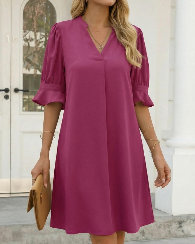 Claire Vestido Midi Mujer – V-Cuello con Mangas de Volantes y Corte Suelto