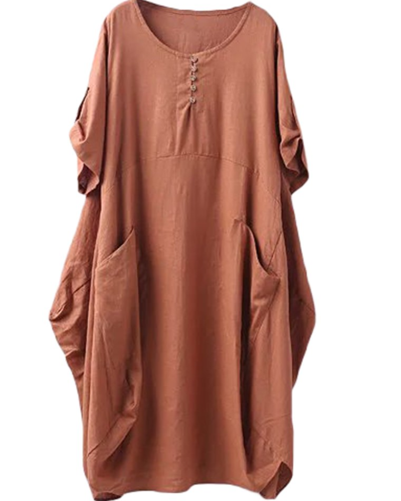 Robe T-shirt Marina Femme – Mélange de Lin, Grandes Poches et Boutons