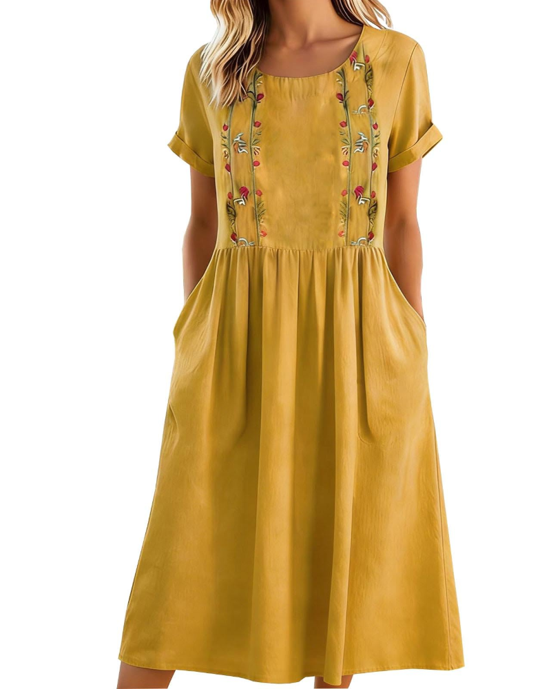 Nadine Vestido Midi Mujer – Algodón Lino, Bordado Floral, Línea A y Bolsillos